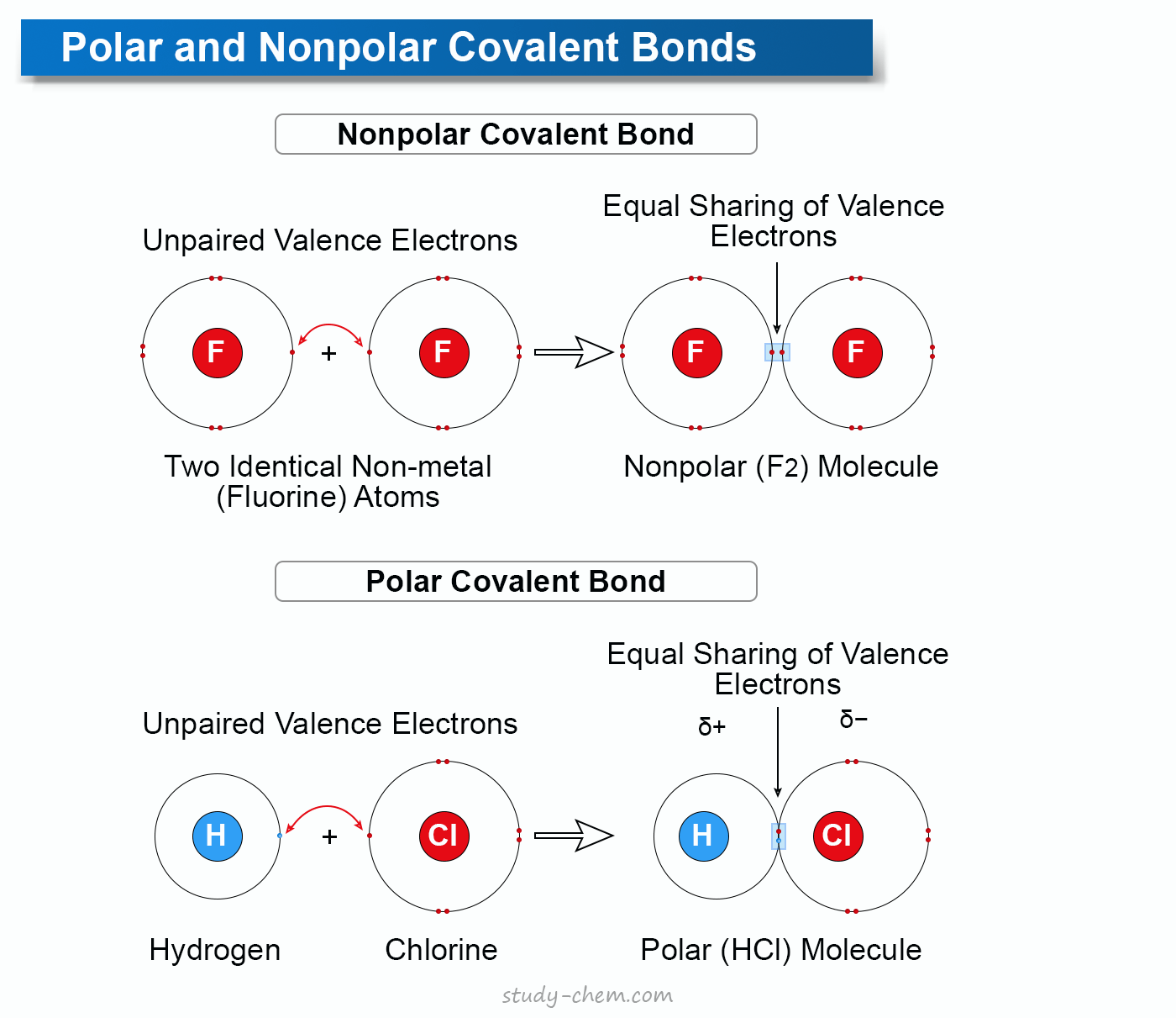 Covalent bond definition, compounds, types of polar and nonpolar bonds with formation and examples