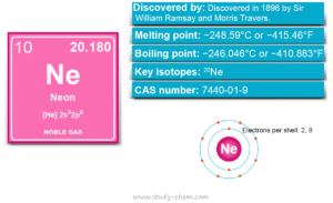 Neon element or noble gas symbol Ne, properties and uses in study chemistry